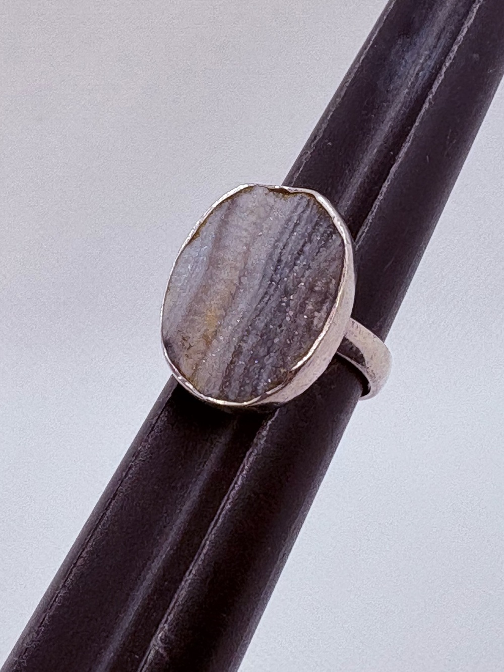 Vintage Sterling Silver 925 Chalcedony Druzy Assymetric Ring Size 5.75 Oval 5.7g